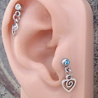 Little Heart Helix Stud 18g Piercing - Blue, Clear, or Aurora Borealis Gemstone Tragus Piercing Dangle, Heart Cartilage Earring