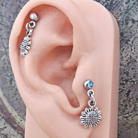Sunflower Helix Stud Earring 18g, Blue or Clear Gemstone Tragus Piercing Dangle, Flower Cartilage Earring