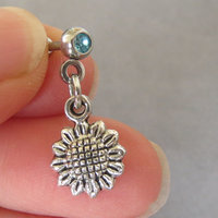 Sunflower Helix Stud Earring 18g, Blue or Clear Gemstone Tragus Piercing Dangle, Flower Cartilage Earring