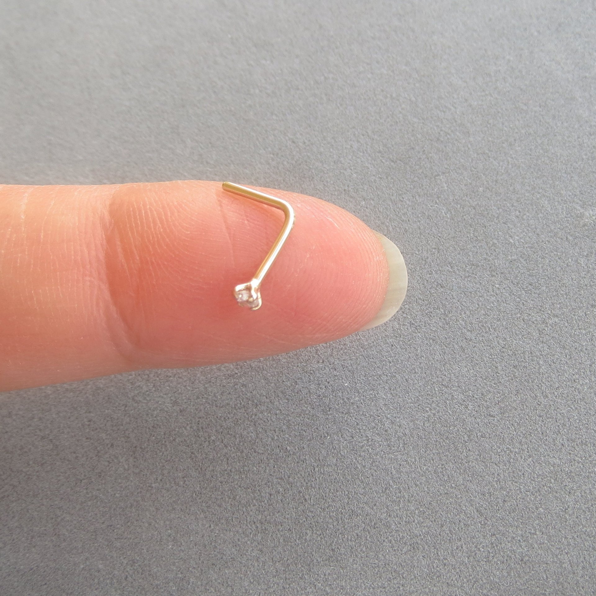 14k Yellow Gold Nose Stud, Small Cubic Zirconia Gemstone Nose Ring - Solid Yellow Gold