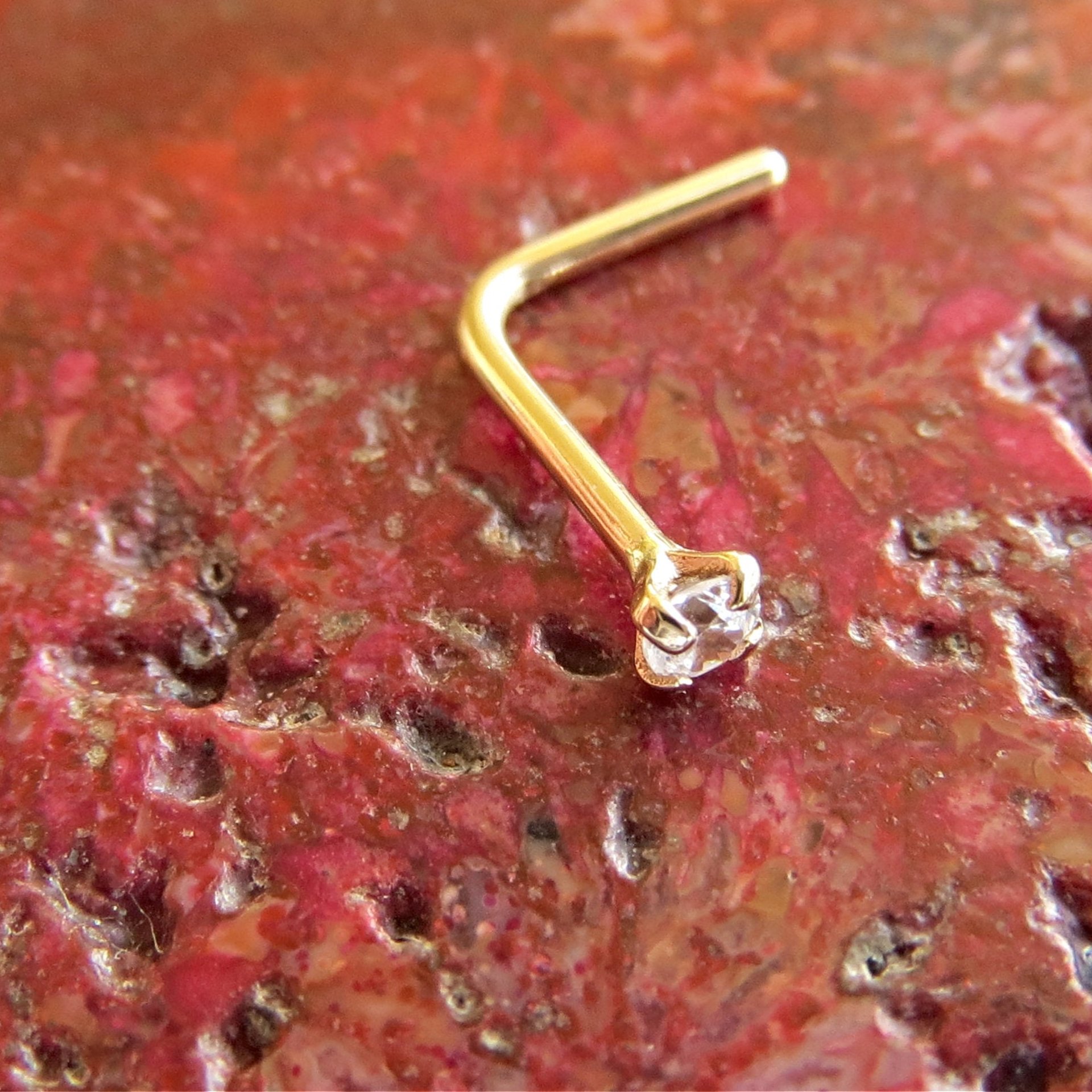 14k Yellow Gold Nose Stud, Small Cubic Zirconia Gemstone Nose Ring - Solid Yellow Gold