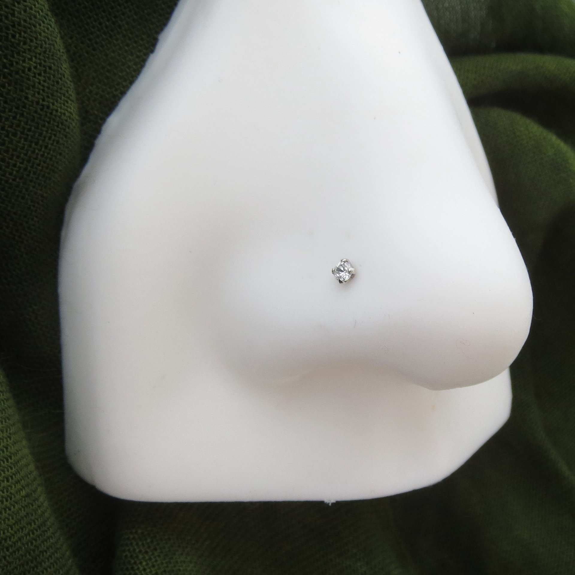 14k White Gold Nose Stud, Small Cubic Zirconia Gemstone Nose Ring - Solid White Gold, 18g or 20g L-Bend Post