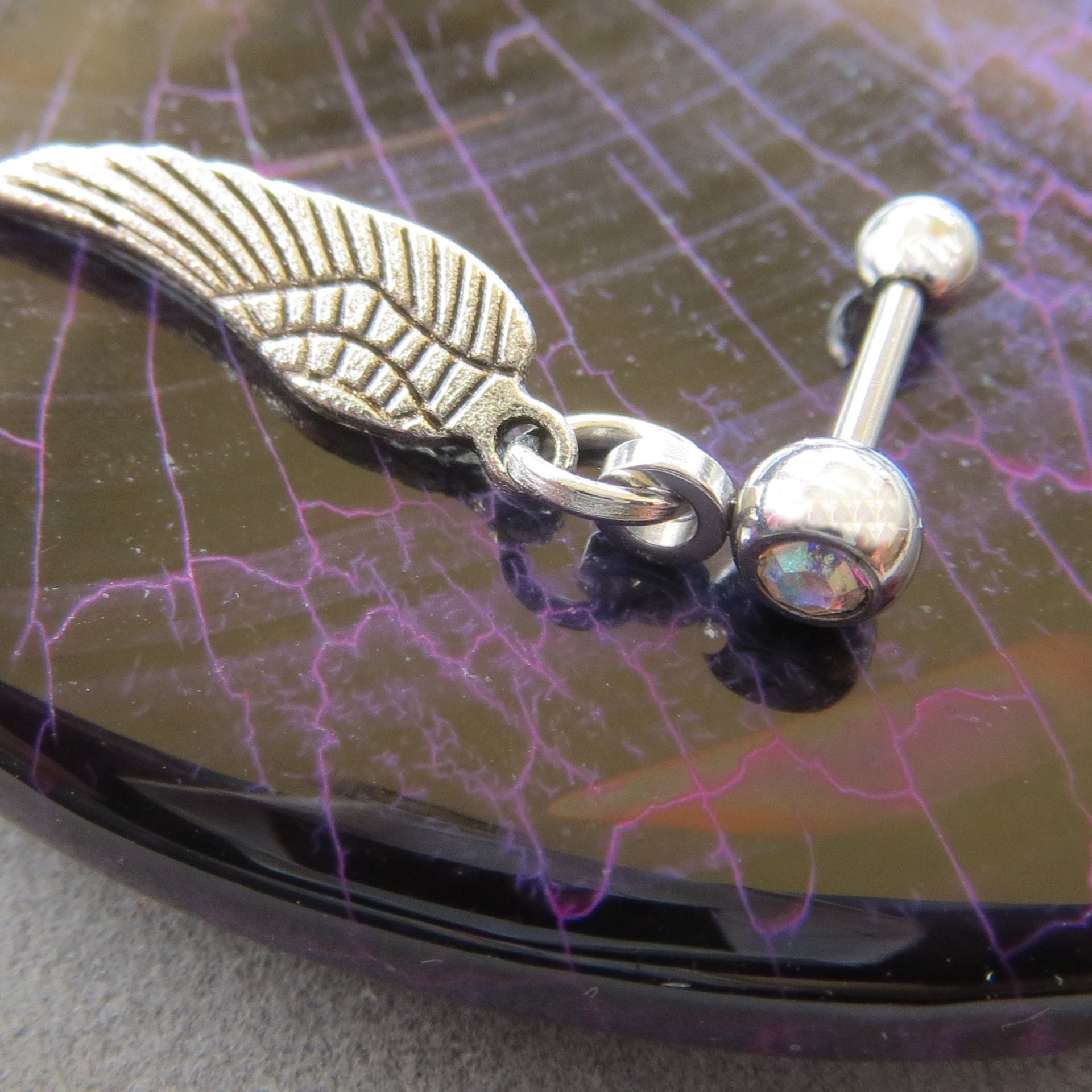 Angel Wing Helix Stud Dangle - Aurora Borealis, Clear or Blue Gemstone Cartilage Earring 18g Piercing