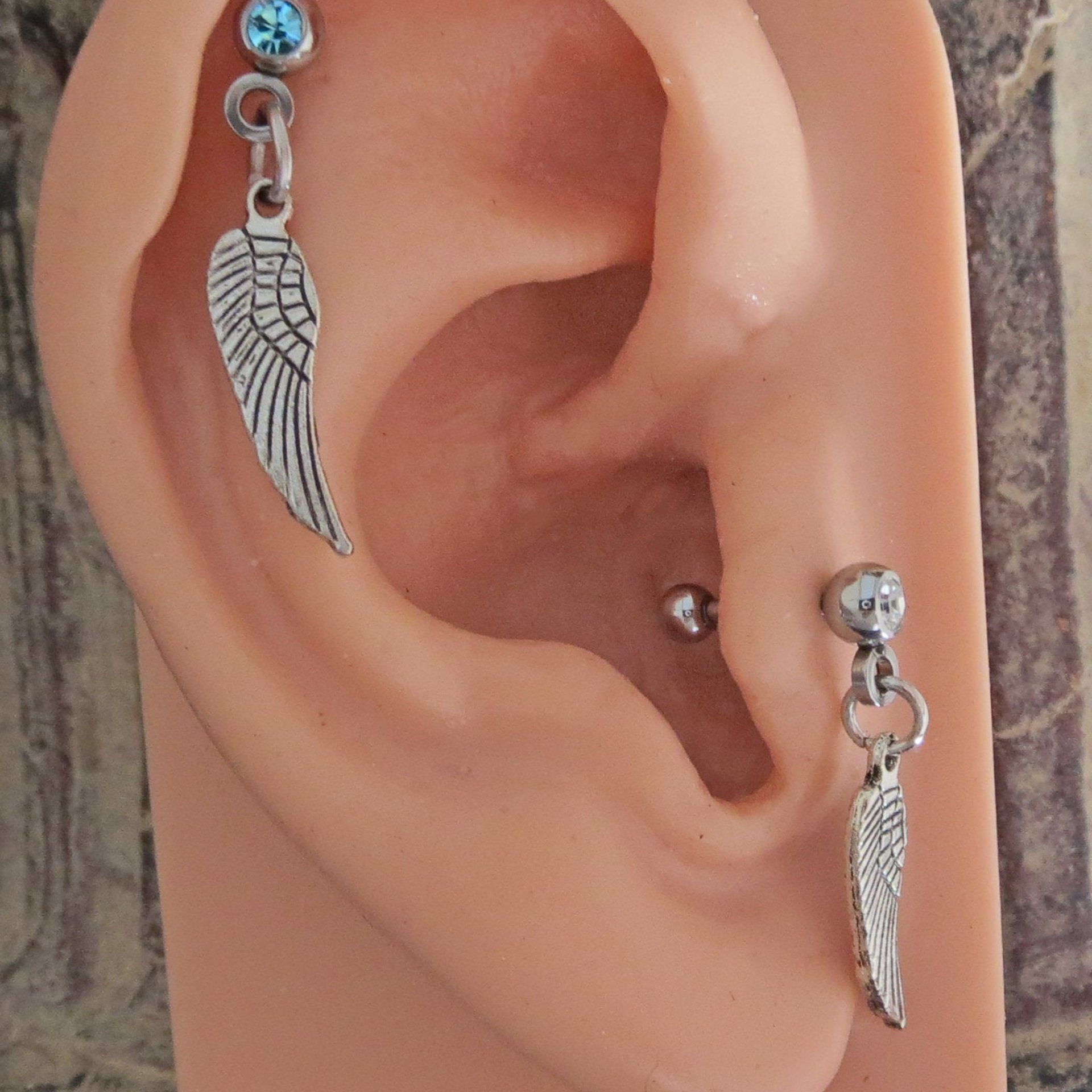 Angel Wing Helix Stud Dangle - Aurora Borealis, Clear or Blue Gemstone Cartilage Earring 18g Piercing