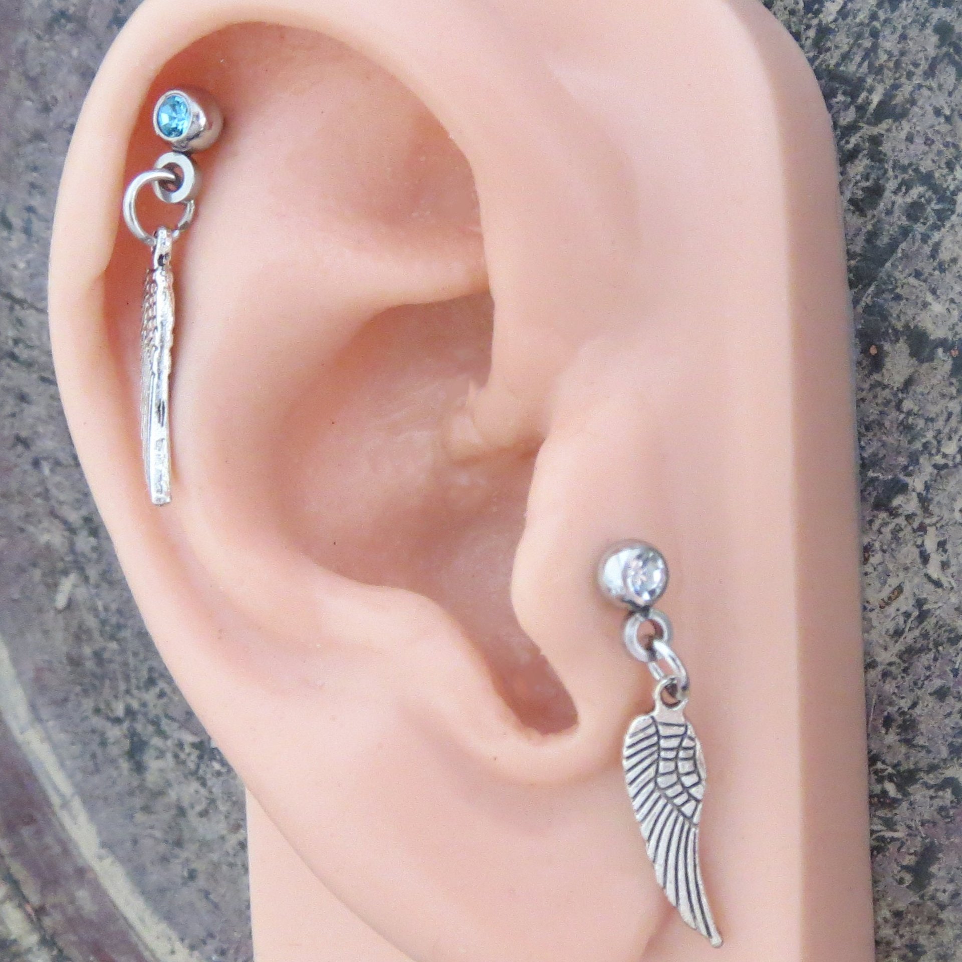 Angel Wing Helix Stud Dangle - Aurora Borealis, Clear or Blue Gemstone Cartilage Earring 18g Piercing