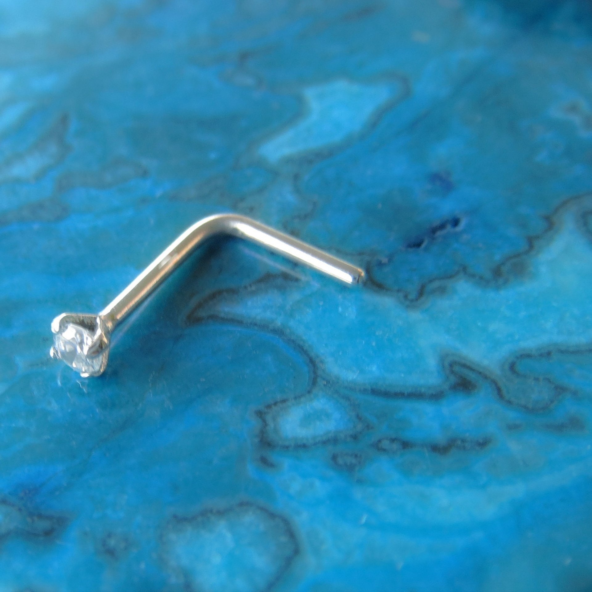14k White Gold Nose Stud, Small Cubic Zirconia Gemstone Nose Ring - Solid White Gold, 18g or 20g L-Bend Post