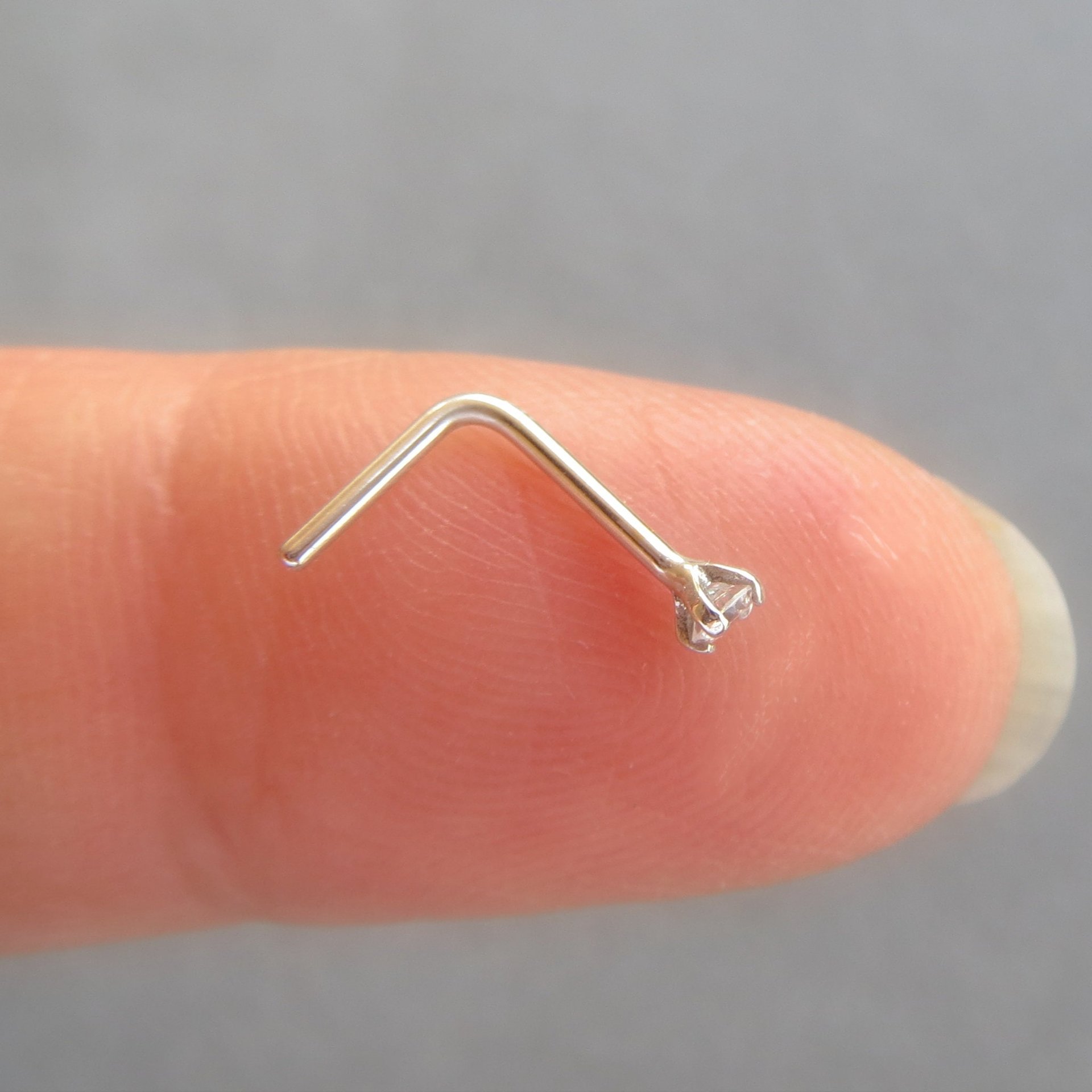 14k White Gold Nose Stud, Small Cubic Zirconia Gemstone Nose Ring - Solid White Gold, 18g or 20g L-Bend Post