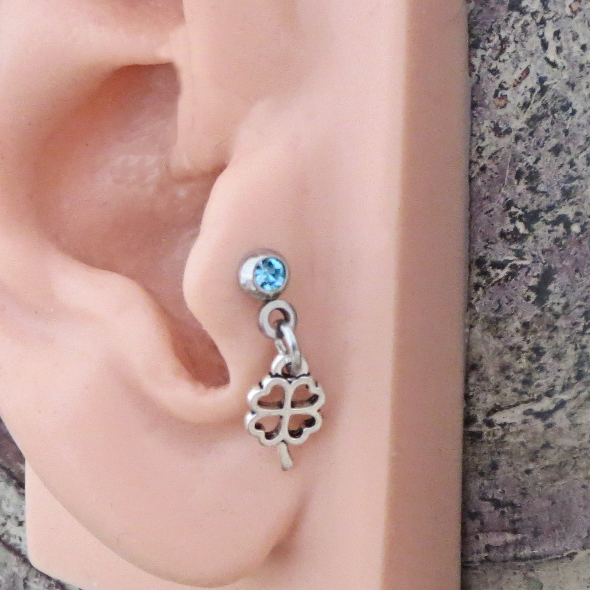 Lucky Charm Shamrock Helix Stud 18g Piercing - Choice of Gemstone Color for Tragus Piercing, 4-Leaf Clover Cartilage Earring