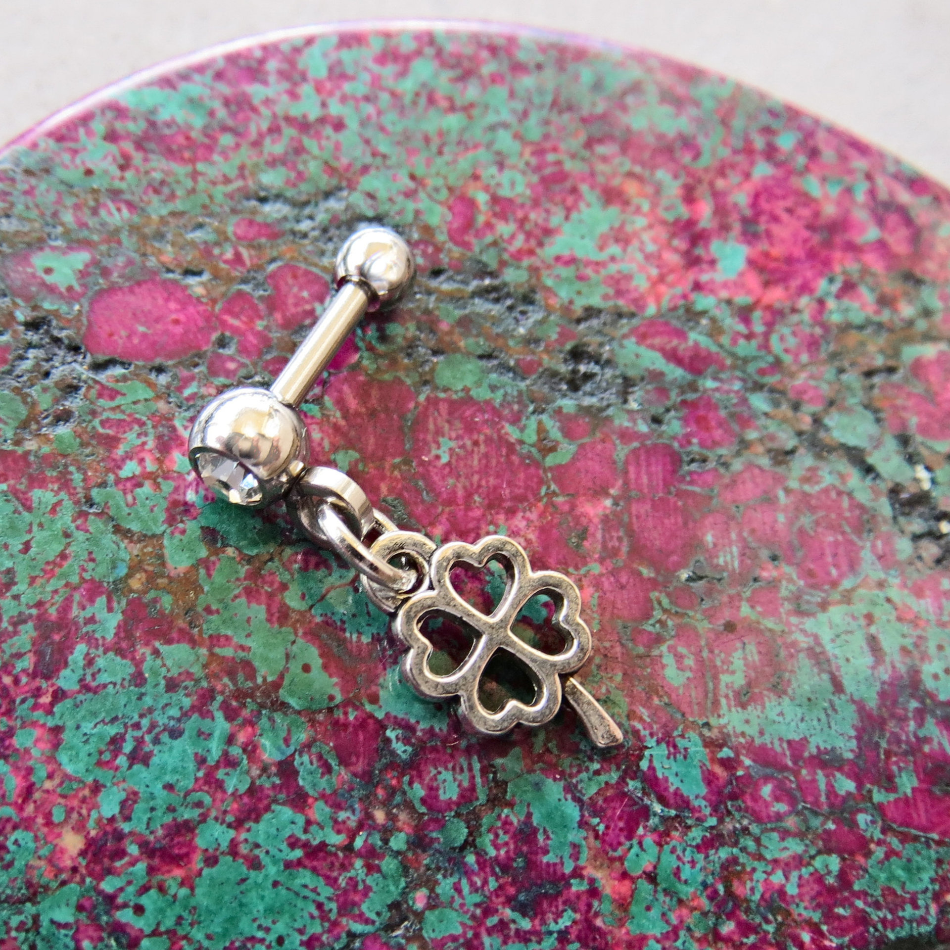 Lucky Charm Shamrock Helix Stud 18g Piercing - Choice of Gemstone Color for Tragus Piercing, 4-Leaf Clover Cartilage Earring