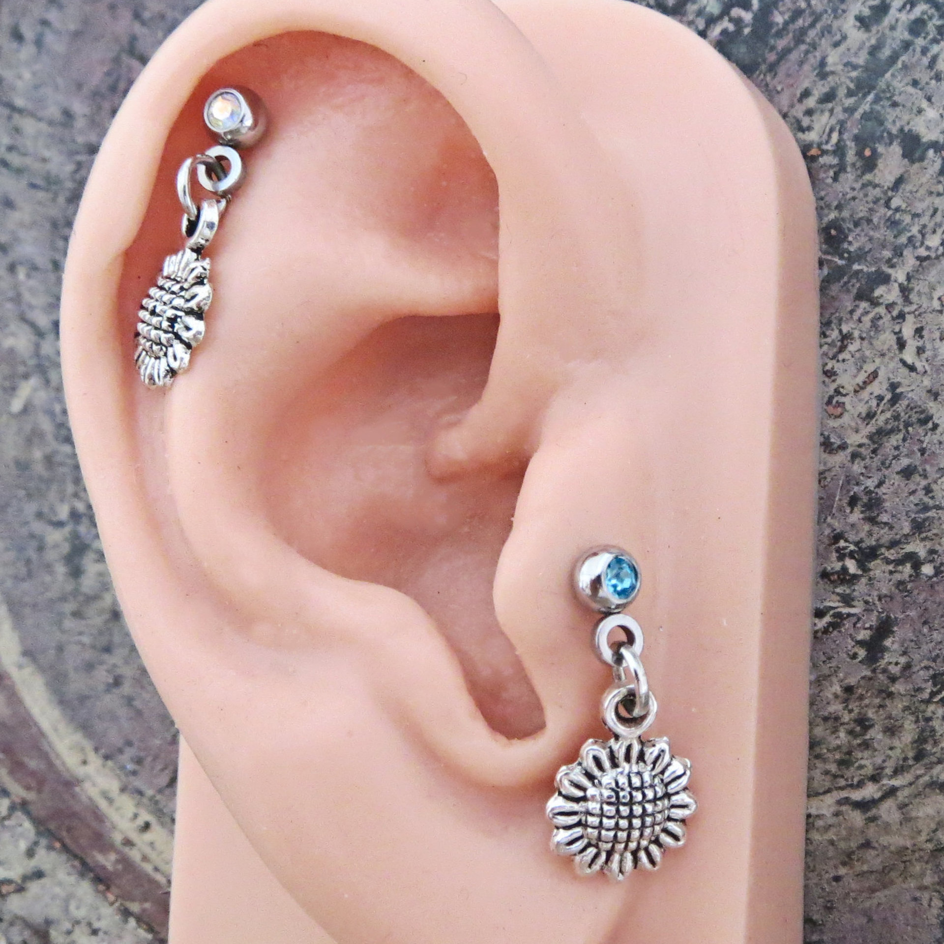 Sunflower Helix Stud Earring 18g, Blue or Clear Gemstone Tragus Piercing Dangle, Flower Cartilage Earring
