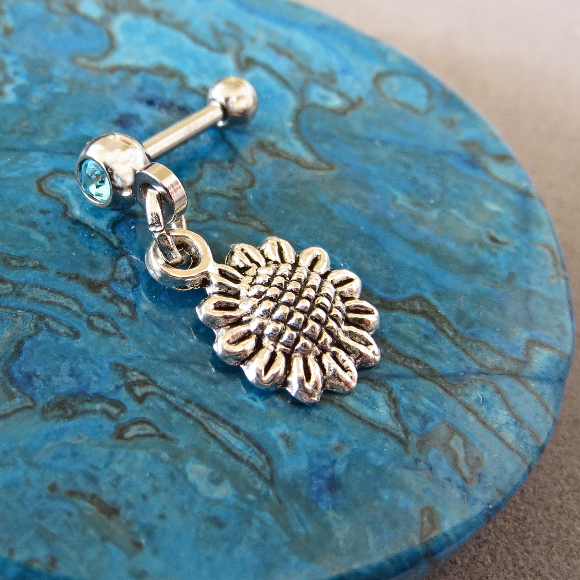 Sunflower Helix Stud Earring 18g, Blue or Clear Gemstone Tragus Piercing Dangle, Flower Cartilage Earring