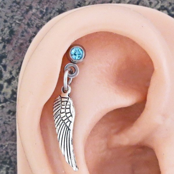 Angel Wing Helix Stud Dangle - Aurora Borealis, Clear or Blue Gemstone Cartilage Earring 18g Piercing