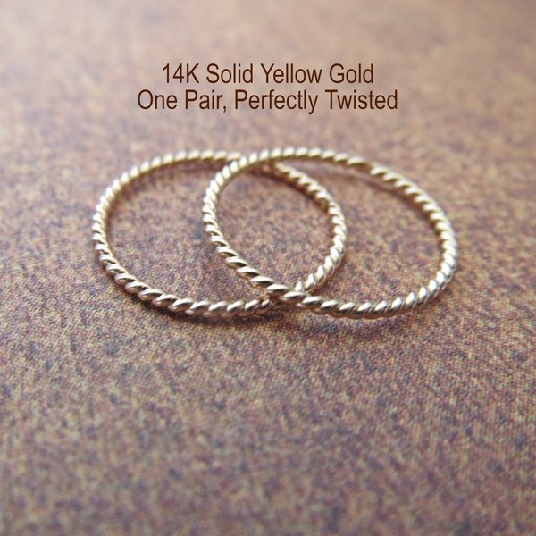 Solid 14k Gold Hoop Earrings, Perfectly Twisted Pair of Small Gold Earrings