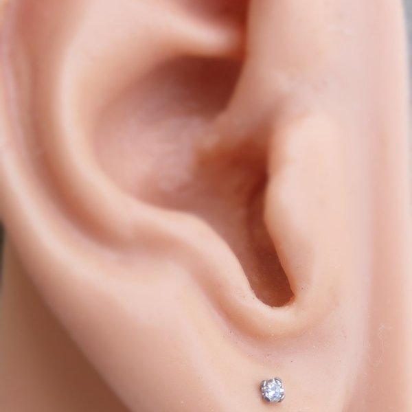 Surgical Steel Stud Earrings, Tiny 2mm Cubic Zirconia Gemstone Earrings - 21g Lobe and Cartilage Studs for Men or Women - Single or Pair