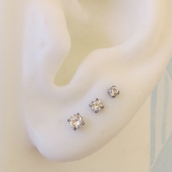 Titanium Stud Earrings, Cubic Zirconia Gemstone Earrings in 3 Sizes - 21g Cartilage Studs for Men or Women - Single Stud or Pair