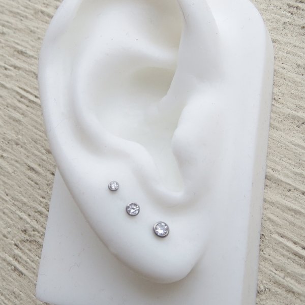 Titanium Stud Earrings, Bezel Set Cubic Zirconia Earrings, 3 Sizes - Cartilage Studs for Men or Women