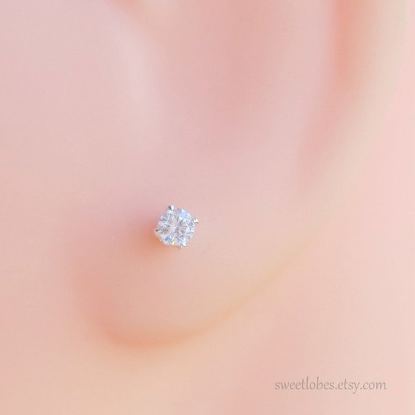 Sterling Silver CZ Earrings for Cartilage or Earlobes, Dainty Studs