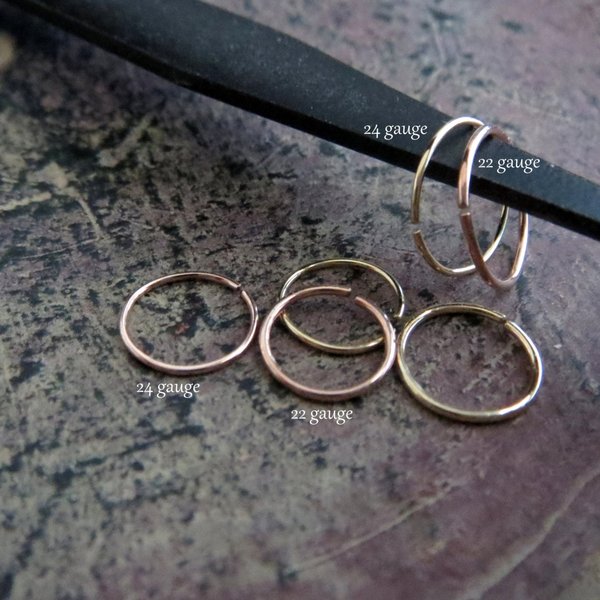 Tiny Gold Nose Ring, 14k Solid Rose Gold or Yellow Gold - 22 or 24 Gauge Super Skinny Endless Hoop for All Piercings - 100% Made in the USA