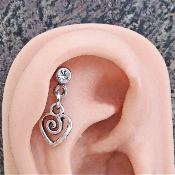 Little Heart Helix Stud 18g Piercing - Blue, Clear, or Aurora Borealis Gemstone Tragus Piercing Dangle, Heart Cartilage Earring