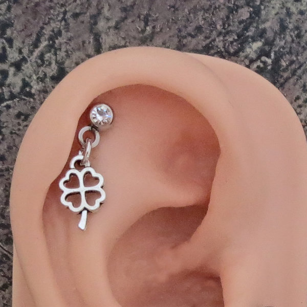 Lucky Charm Shamrock Helix Stud 18g Piercing - Choice of Gemstone Color for Tragus Piercing, 4-Leaf Clover Cartilage Earring